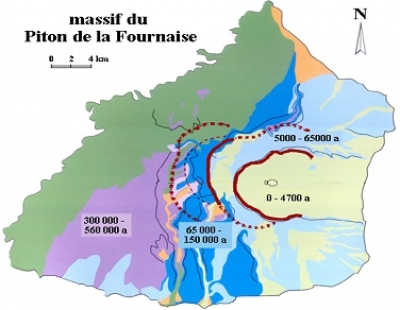 Le massif du Piton de la Fournaise. Les trois caldeiras sont indiquées en rouge. La première en pointillé est reconstituée par des observations sur le terrain. La deuxième peut être observée au Pas des Sables. Sa continuation est reconstituée à lEst et au Sud. La troisième caldeira correspond au Rempart de Bellecombe.
daprès Mairine, 1998
