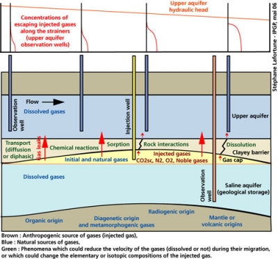 fig.1 : Theoritical model for storage sites in saline aquifers. In this model, the lower aquifer is used to store CO<sub>2</sub>  and the upper aquifer is used as an observation formation in which dissolved gas concentrations are monitored to control the absence of gas leaks (of tracers or CO<sub>2</sub>). 