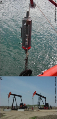 fig.2 : a. Niskin water sampler for volcanic lakes (Lac Pavin-Massif Central, France) - b. Production wells on Weyburn oilfield (near Regina-Saskatchewan, Canada)