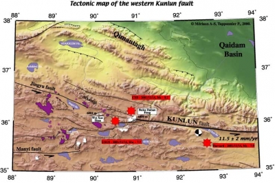 Failles actives et volcans récents dans la région où le décrochement sénestre du Kunlun se divise en différents segments
(Meriaux et al., 2000).