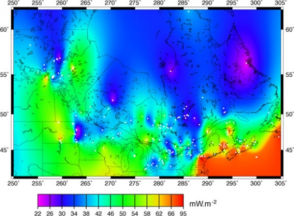  Carte du flux de chaleur au Canada © GEOTOP et IPGP, 2000