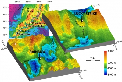 Simplified bathymetric map and block diagrams of the Mid-Atlantic Ridge near the Azores (region concerned by the MOMAR project ; seafloor depths in meters), showing the location of the four large hydrothermal vent sites that have been discovered so far in this region : Menez Gwen (850 m depth), Lucky Strike (1700 m depth), and Rainbow (2300 m depth) are black smoker vent sites, with high, near boiling point vent fluid temperatures. Saldanha (2200 m depth) is a diffuse venting site, with low temperature fluids. Rainbow and Saldanha are set on ultramafic rocks near discontinuities of the ridge axis ; Menez Gwen and Lucky Strike are set on volcanic (basaltic) rocks near the top of volcanic edifices in the centre of ridge segments.