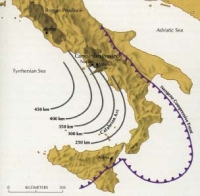 Figure 1 : Plongement de la plaque africaine sous la plaque eurasienne.  Les courbes donnent la profondeur des séismes en km.

Schema Sigurdsson et al, 1985



