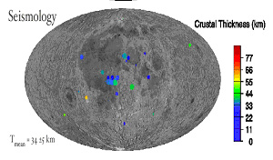 Exemple de mesure, par des données sismiques, de lépaisseur de la croûte de la Lune en plusieurs points. Les impacts de météorites sont pour cela utilisés.