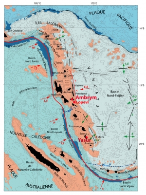 Figure 1 : Carte de l'archipel du Vanuatu (de Pelletier et al., 1998; Calmant et al., 2003).  La section centrale est indiquée par le rectangle en pointillé.