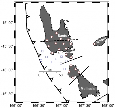 Figure 2 : Distribution prévue des sismomètres terrestres (cercles) et des sismomètres fond de mer (carrés).  Les lignes en pointillé indiquent la frontière entre les blocs sismo-tectoniques.