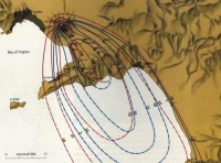 Figure 3 : Epaisseur des dépôts pliniens en cm.

 Les courbes rouges correspondent aux ponces claires, les courbes bleues aux ponces foncées (voir photo 3).
Les dépôts sont allongées dans le sens du vent dominant lors de l'éruption et forment un ellipsoïde. On peut noter un léger changement de direction entre les deux ellipsoïdes.

Schéma Sigurdsson et al, 1985.

