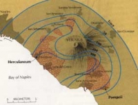 Figure 6 : Epaisseur totale moyenne des dépôts de nuées ardentes (en m).

Les zones principales de mise en place sont figurées en rouge.

Schema Sigurdsson et al, 1985

