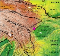 Localisation du séisme du 12 Mai 2008 (M 7.9) dans le contexte de la collision Inde - Asie. Carte d'après Tapponnier et al. 2001.