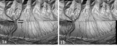 Figure 1a. extrait d'une image SPOT Panchromatique (pixel de 10m de côté) de la Faille du Kunlun (Chine, Plateau Tibétain). La faille se suit comme une trace de couteau sur un cône alluvial d'âge post glaciaire (< 12000 ans). Le cours de chaque rivière dessine une baïonnette au passage de la faille; le décalage entre les cours amont et aval est d'environ 50 m. © SPOT Images - IPGP


Figure 1b, annulation du mouvement sur la faille et remise en coïncidence des cours amont et aval. Ce décalage cumulé de 50 m est nécessairement plus récent que le cône, la vitesse moyenne de ce décrochement sénestre est d'au moins 4 mm/an.
© SPOT Images - IPGP.
