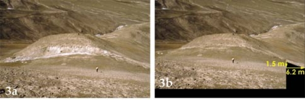  Figure 3a, escarpement instantané (faille de Chang Ma). La trace blanche dénuée de végétation correspond à la cicatrice du dernier séisme qui s'est produit sur cette faille le 25 décembre 1932 (M= 7.6). Le glissement cosismique est essentiellement sénestre et un peu normal.
Figure 3b, annulation du décalage de 1932 et reconstitution de la morphologie antérieur au dernier séisme. L'escarpement résiduel cumule les déplacements des séismes antérieurs à 1932. Cliché B. Meyer, IPGP
