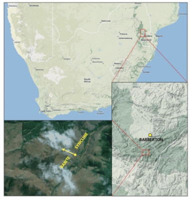 The Barberton Greenstone Belt is located close to Swaziland and Mozambique. The Barite Syncline is located about 20 kilometers south of Barberton.