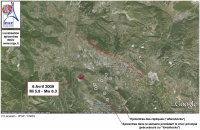 Epicentres du choc principal, des premières répliques et des précurseurs. En rouge : trace de la faille susceptible d'avoir rompu lors du séisme. Cette hypothèse de rupture demandera à être confirmée ou infirmée par des observations à venir. 