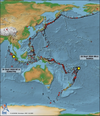 Localisation des séismes des Samoa (29/09) et de Padang (30/09).