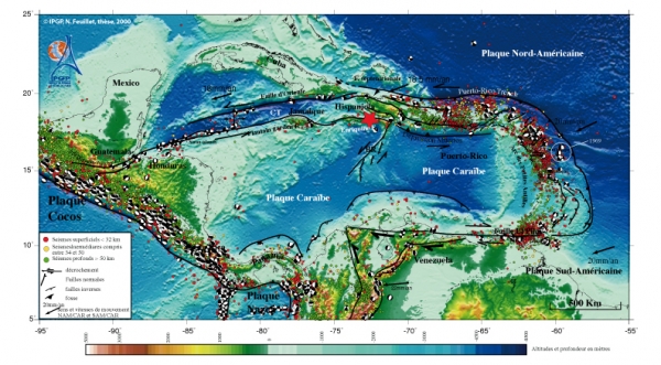 Contexte tectonique du séisme du 12 Janvier (frontière nord de la plaque Caraïbe). D'après Nathalie Feuillet, thèse, IPGP-Univ. Paris diderot, 2000.
