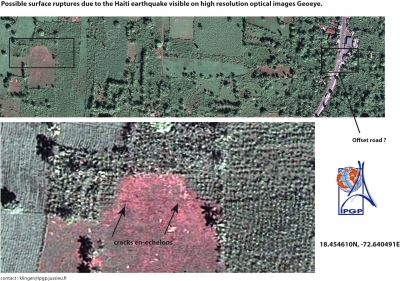 Localisation possible de traces de rupture cosismique en surface au sud de Léogâne. Images Geoeye (accessibles via Google Earth) résolution submétrique. Carte Y. Klinger.