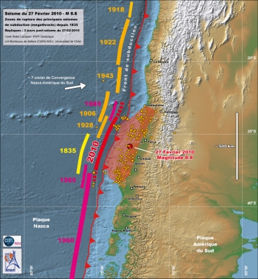 Zones de rupture des séismes de subduction de type megathrust depuis 1835. L'étendue hypothétique maximum de la rupture du séisme du 27 Février est indiquée en rouge. Ce séisme a probablement rompu une zone plus étendue que la lacune de Concepción, siège du séisme de 1835.

Voir lien en bas de page pour télécharger une version haute résolution de cette carte.