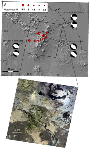 Fig. 2 ; Carte préliminaire de la sismicité et image satellite Aster de la région du volcan Nabro