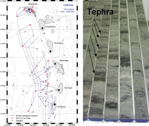 Zone couverte pendant la campagne Caraval (N/O L’Atalante, mars 2002) et localisation des carottes. Exemple de carotte marine, identification de téphra.