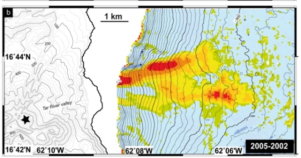 Epaisseur de matériel mis en place sur le flanc sous-marin du volcan de Soufrière Hills entre 2002 et 2005,  Le Friant et al., 2010.