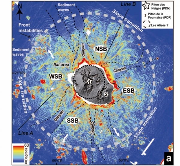 Carte des pentes des flancs sous-marins de la Réunion (données FOREVER + ERODER), Le Friant et al., 2011