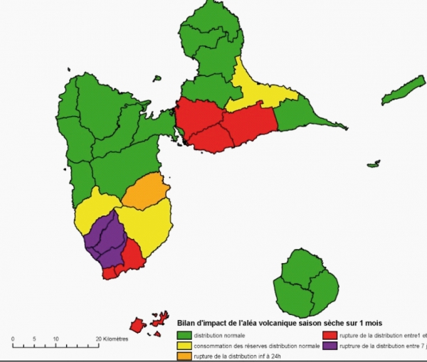 Cartographie SIG de l'impact des retombées de cendres sur le réseau d'adduction d'eau potable de la Guadeloupe dans le cadre d'un scénario éruptif explosif de type subplinien (cas de l'éruption de 1530 AD à la Soufrière).  
L'échelle de couleur est une échelle de gravité de l'interruption de l'accès au réseau d'eau potable affectant différentes zones de Guadeloupe (jaune: distribution normale mais consomation des réserves; orange: rupture de la distribution pendant 24h; rouge: rupture de la distribution  entre 1 à 7 jours;  violet: rupture de la distribution de 7 à 30 jours) (C. Bonnel, J-C Komorowski, IPGP)