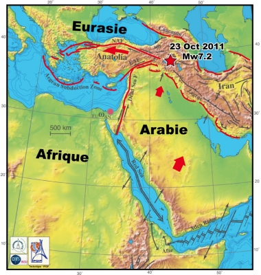 Contexte tectonique et situation du séisme du 23 octobre (source Tectonique - IPGP, modifié d'après Hubert-Ferrari et al. 2003)