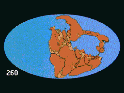  Les continents depuis 250 Millions d'Années
(Les nombres qui défilent représentent les âges en million d'années)

