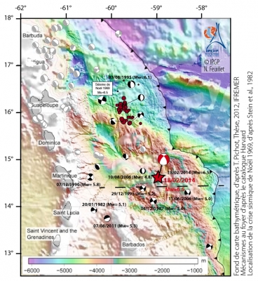 Principaux séismes dans l'arc des Antilles de 1969 à 2014. L'étoile rouge représente l'épicentre du séisme du 18 février.