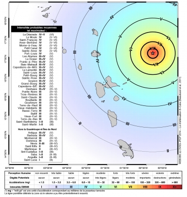 Carte de localisation et d'intensités ressenties du séisme du 16 mai 2014 par l'OVSG.