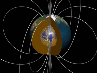 Vue écorchée de l'intérieur de la Terre. Les mouvements de fluide conducteur (structures tourbillonnaires en bleu) étirent les lignes du champ magnétique, leur donnant de l'énergie (Julien Aubert).